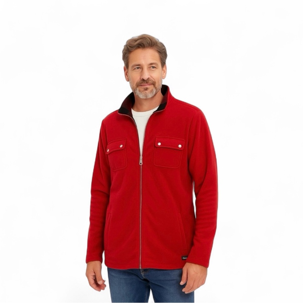 CHAPS SPORT, Men’s 1X Red Fleece Full Zip Jacket with Red/Black Plaid Collar.